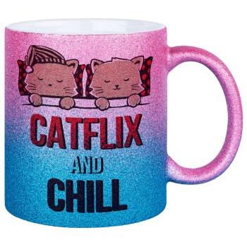 Catflix and Chill, Κούπα Χρυσή/Μπλε Glitter, κεραμική, 330ml