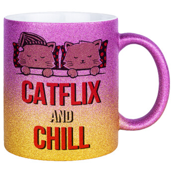Catflix and Chill, Κούπα Χρυσή/Ροζ Glitter, κεραμική, 330ml