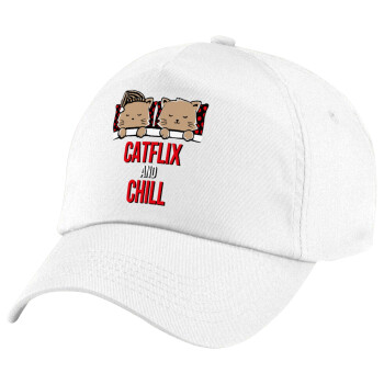 Catflix and Chill, Καπέλο παιδικό Baseball, 100% Βαμβακερό Twill, Λευκό (ΒΑΜΒΑΚΕΡΟ, ΠΑΙΔΙΚΟ, UNISEX, ONE SIZE)