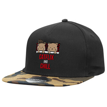Catflix and Chill, Καπέλο Ενηλίκων Flat Snapback Μαύρο/Παραλλαγή, (100% ΒΑΜΒΑΚΕΡΟ TWILL, ΕΝΗΛΙΚΩΝ, UNISEX, ONE SIZE)