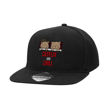 Catflix and Chill, Καπέλο Ενηλίκων Flat Snapback Μαύρο, (100% ΒΑΜΒΑΚΕΡΟ TWILL, ΕΝΗΛΙΚΩΝ, UNISEX, ONE SIZE)