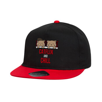 Catflix and Chill, Καπέλο παιδικό snapback, 100% Βαμβακερό, Μαύρο/Κόκκινο
