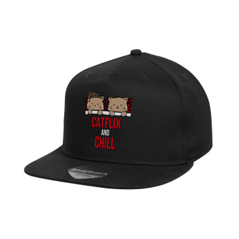 Catflix and Chill, Καπέλο παιδικό Flat Snapback, Μαύρο (100% ΒΑΜΒΑΚΕΡΟ, ΠΑΙΔΙΚΟ, UNISEX, ONE SIZE)