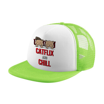 Catflix and Chill, Καπέλο παιδικό Soft Trucker με Δίχτυ ΠΡΑΣΙΝΟ/ΛΕΥΚΟ (POLYESTER, ΠΑΙΔΙΚΟ, ONE SIZE)