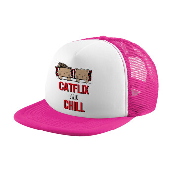 Catflix and Chill, Καπέλο Soft Trucker με Δίχτυ Pink/White 
