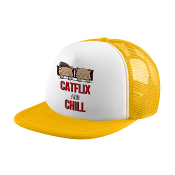 Catflix and Chill, Καπέλο παιδικό Soft Trucker με Δίχτυ ΚΙΤΡΙΝΟ/ΛΕΥΚΟ (POLYESTER, ΠΑΙΔΙΚΟ, ONE SIZE)