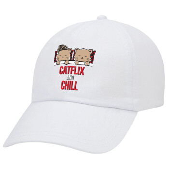 Catflix and Chill, Καπέλο Ενηλίκων Baseball Λευκό 5-φύλλο (POLYESTER, ΕΝΗΛΙΚΩΝ, UNISEX, ONE SIZE)