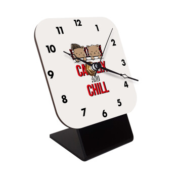 Catflix and Chill, Quartz Wooden table clock with hands (10cm)