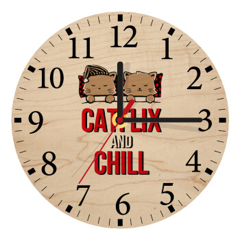 Catflix and Chill, Ρολόι τοίχου ξύλινο plywood (20cm)
