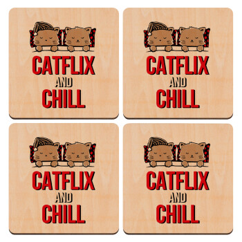 Catflix and Chill, ΣΕΤ x4 Σουβέρ ξύλινα τετράγωνα plywood (9cm)
