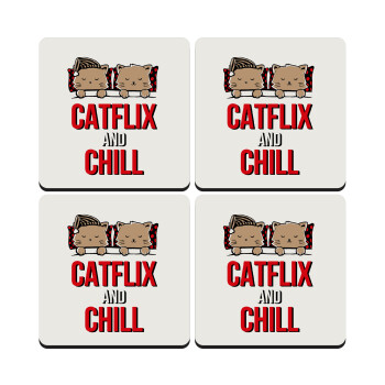 Catflix and Chill, ΣΕΤ 4 Σουβέρ ξύλινα τετράγωνα (9cm)