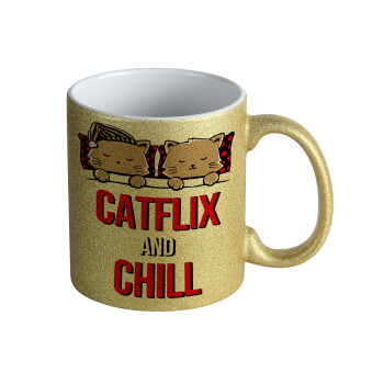 Catflix and Chill, Κούπα Χρυσή Glitter που γυαλίζει, κεραμική, 330ml