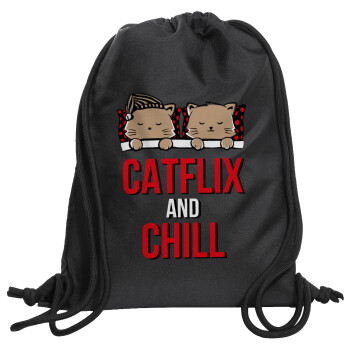 Catflix and Chill, Τσάντα πλάτης πουγκί GYMBAG Μαύρη, με τσέπη (40x48cm) & χονδρά κορδόνια
