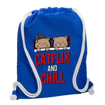 Catflix and Chill, Backpack pouch GYMBAG Blue, with pocket (40x48cm) & thick cords