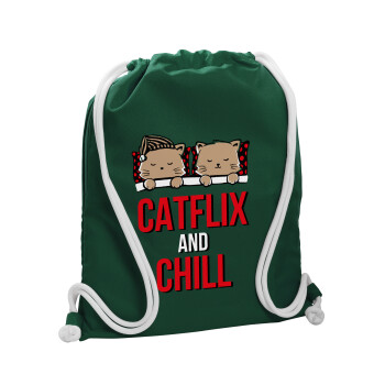 Catflix and Chill, Τσάντα πλάτης πουγκί GYMBAG BOTTLE GREEN, με τσέπη (40x48cm) & χονδρά λευκά κορδόνια