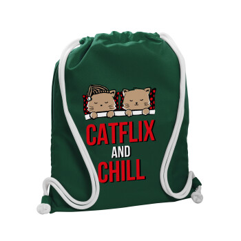 Catflix and Chill, Backpack pouch GYMBAG BOTTLE GREEN, with pocket (40x48cm) & thick white cords
