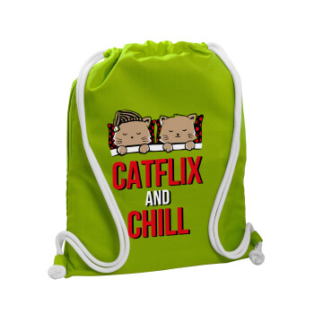 Catflix and Chill, Backpack bag GYMBAG LIME GREEN, with pocket (40x48cm) & thick cords