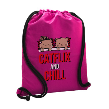 Catflix and Chill, Τσάντα πλάτης πουγκί GYMBAG Φούξια, με τσέπη (40x48cm) & χονδρά κορδόνια