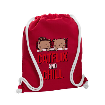 Catflix and Chill, Τσάντα πλάτης πουγκί GYMBAG Κόκκινη, με τσέπη (40x48cm) & χονδρά κορδόνια
