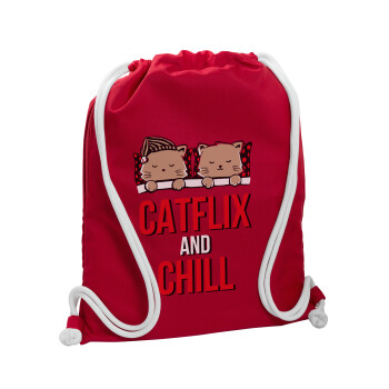 Catflix and Chill, Backpack pouch GYMBAG Red, with pocket (40x48cm) & thick cords