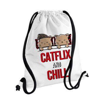 Catflix and Chill, Τσάντα πλάτης πουγκί GYMBAG λευκή, με τσέπη (40x48cm) & χονδρά κορδόνια