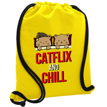 Catflix and Chill, Τσάντα πλάτης πουγκί GYMBAG Κίτρινη, με τσέπη (40x48cm) & χονδρά κορδόνια