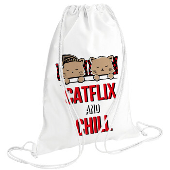 Catflix and Chill, Backpack pouch GYMBAG white (28x40cm)