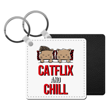 Catflix and Chill, Μπρελόκ Δερματίνη, τετράγωνο ΜΑΥΡΟ (5x5cm)