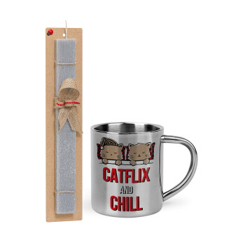 Catflix and Chill, Πασχαλινό Σετ, μεταλλική κούπα θερμό (300ml) & πασχαλινή λαμπάδα αρωματική πλακέ (30cm) (ΓΚΡΙ)