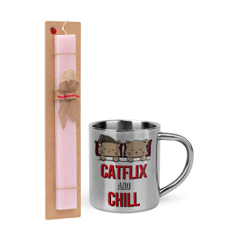 Catflix and Chill, Πασχαλινό Σετ, μεταλλική κούπα θερμό (300ml) & πασχαλινή λαμπάδα αρωματική πλακέ (30cm) (ΡΟΖ)