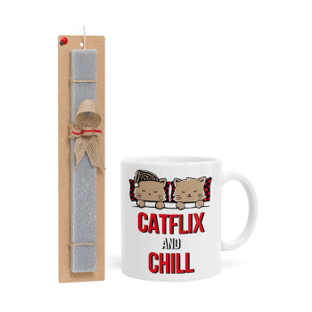Catflix and Chill, Πασχαλινό Σετ, Κούπα κεραμική (330ml) & πασχαλινή λαμπάδα αρωματική πλακέ (30cm) (ΓΚΡΙ)