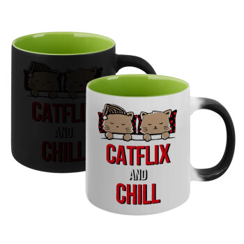 Catflix and Chill, Κούπα Μαγική εσωτερικό πράσινο, κεραμική 330ml που αλλάζει χρώμα με το ζεστό ρόφημα