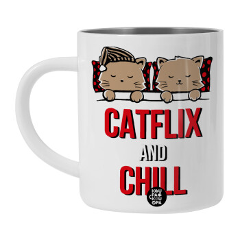 Catflix and Chill, Λευκή Ανοξείδωτη Μεταλλική Κούπα 450ml - Διπλού Τοιχώματος 