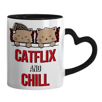 Catflix and Chill, Κούπα καρδιά χερούλι μαύρη, κεραμική, 330ml