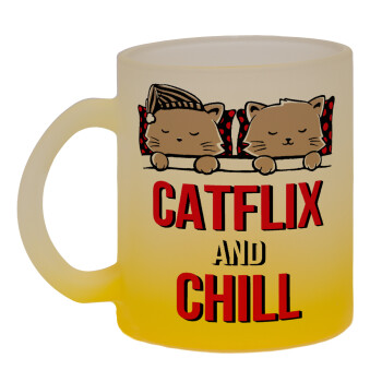 Catflix and Chill, Κούπα γυάλινη δίχρωμη με βάση το κίτρινο ματ, 330ml