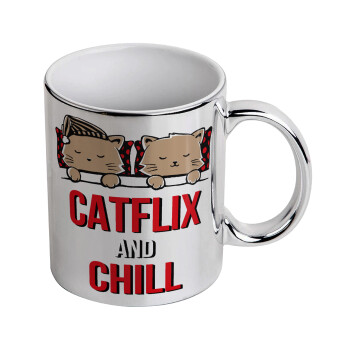 Catflix and Chill, Κούπα κεραμική, ασημένια καθρέπτης, 330ml