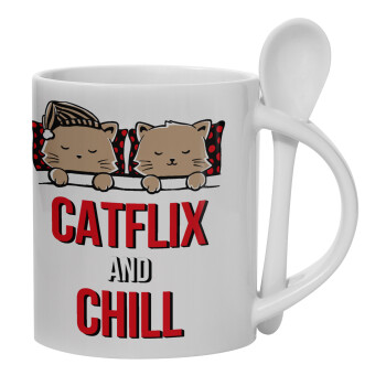 Catflix and Chill, Ceramic coffee mug with Spoon, 330ml (1pcs)
