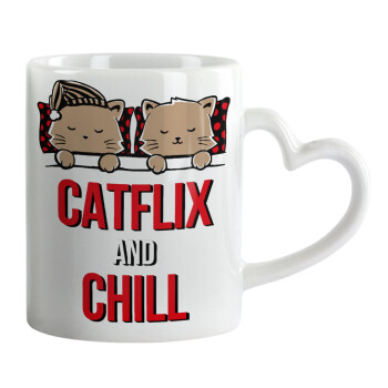 Catflix and Chill, Mug heart handle, ceramic, 330ml