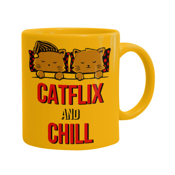 Catflix and Chill, Ceramic coffee mug yellow, 330ml (1pcs)