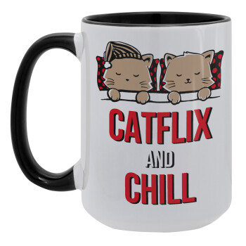 Catflix and Chill, Κούπα Mega 15oz, κεραμική Μαύρη, 450ml