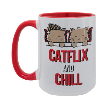 Catflix and Chill, Κούπα Mega 15oz, κεραμική Κόκκινη, 450ml