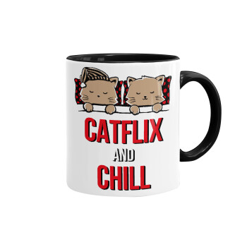 Catflix and Chill, Κούπα χρωματιστή μαύρη, κεραμική, 330ml