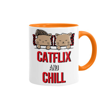 Catflix and Chill, Mug colored orange, ceramic, 330ml