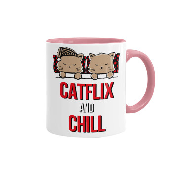 Catflix and Chill, Mug colored pink, ceramic, 330ml