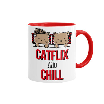 Catflix and Chill, Κούπα χρωματιστή κόκκινη, κεραμική, 330ml