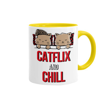 Catflix and Chill, Mug colored yellow, ceramic, 330ml