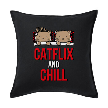 Catflix and Chill, Μαξιλάρι καναπέ Μαύρο 100% βαμβάκι, περιέχεται το γέμισμα (50x50cm)