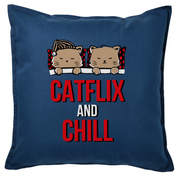 Catflix and Chill, Μαξιλάρι καναπέ Μπλε 100% βαμβάκι, περιέχεται το γέμισμα (50x50cm)