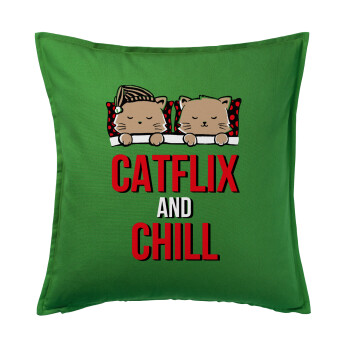 Catflix and Chill, Μαξιλάρι καναπέ Πράσινο 100% βαμβάκι, περιέχεται το γέμισμα (50x50cm)