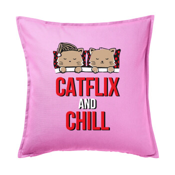Catflix and Chill, Μαξιλάρι καναπέ ΡΟΖ 100% βαμβάκι, περιέχεται το γέμισμα (50x50cm)